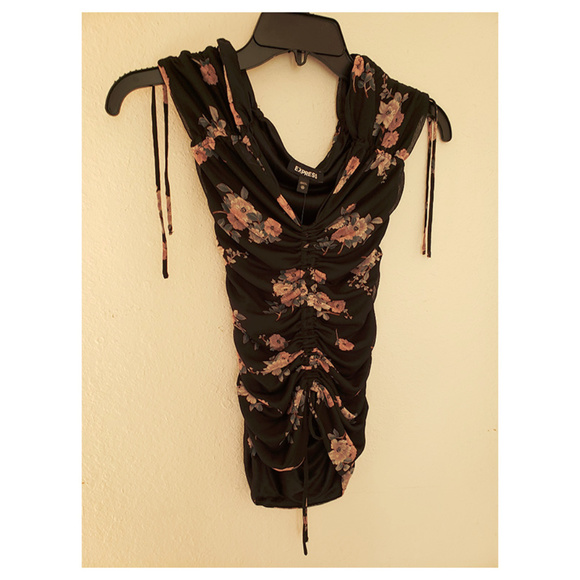 EXPRESS Off The Shoulder Top Black Floral Blouse - Picture 3 of 4